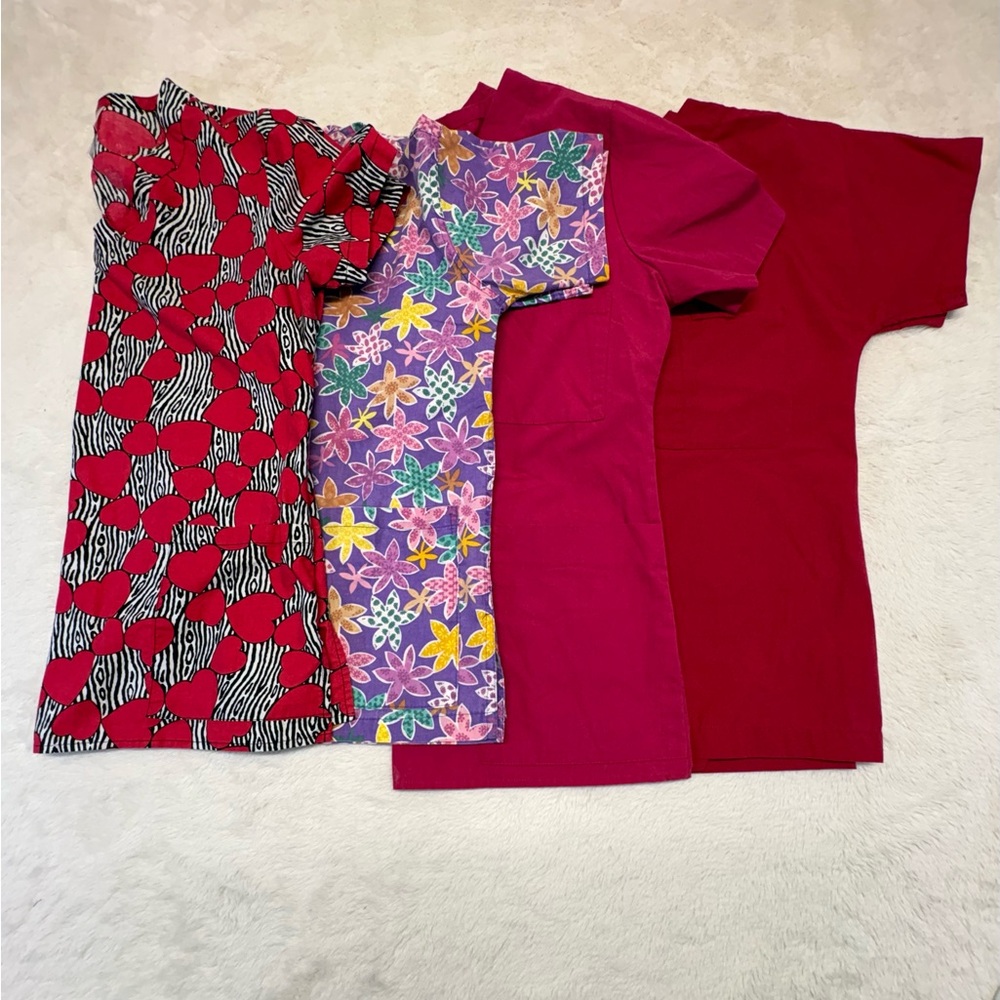 Bundle of Women's Scrubs Short Sleeve Tops - Red and Multicolor Size XS